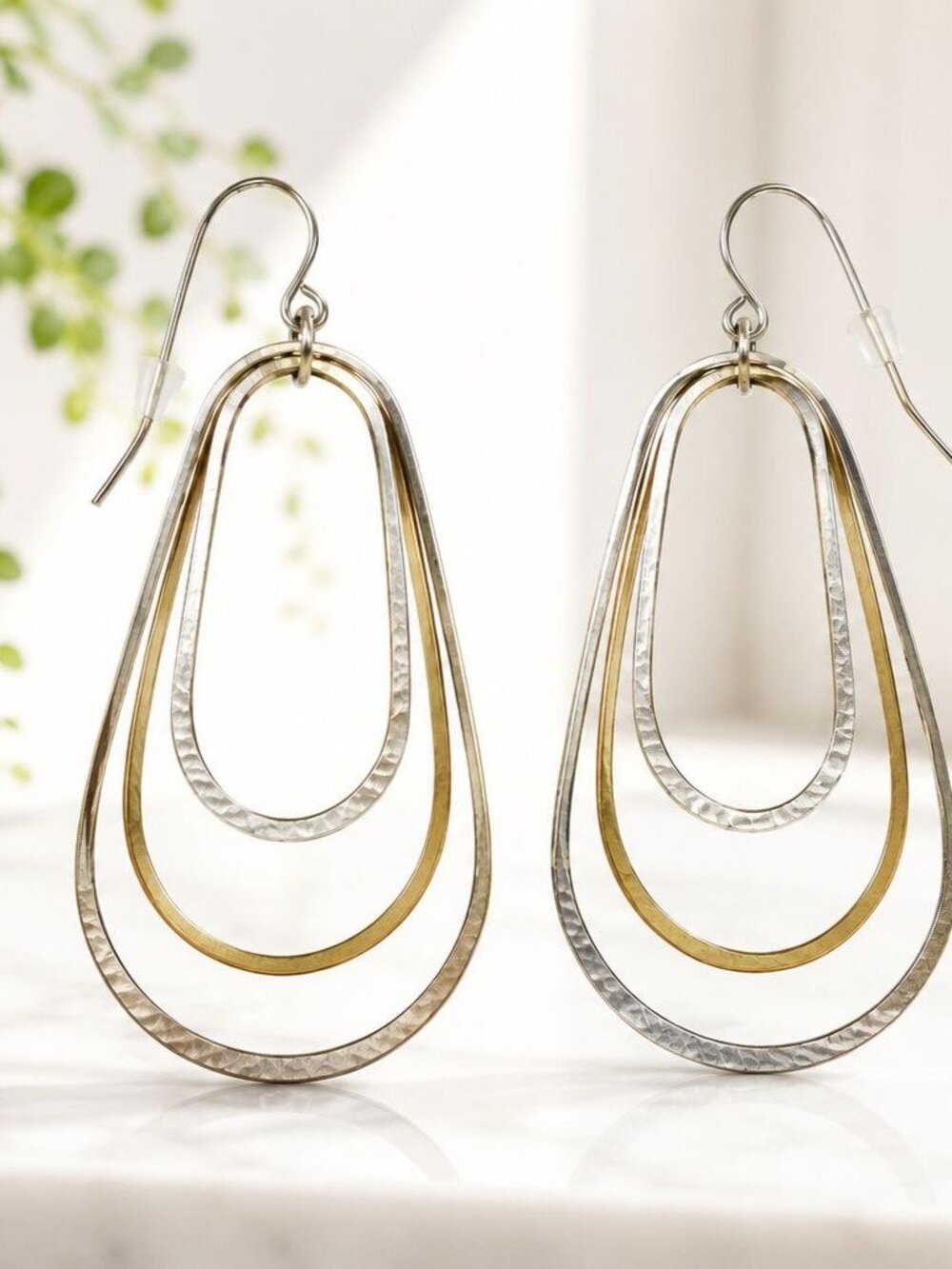Hammered Silver & Gold-Tone Teardrop Dangle Earrings 2.5" Long Mixed Metal Light